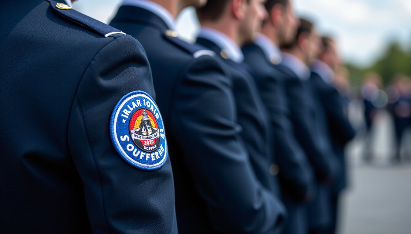 Officiers de la Marine Nationale portant leurs uniformes avec le blason de la promotion Suffren 2020 brodé sur la manche