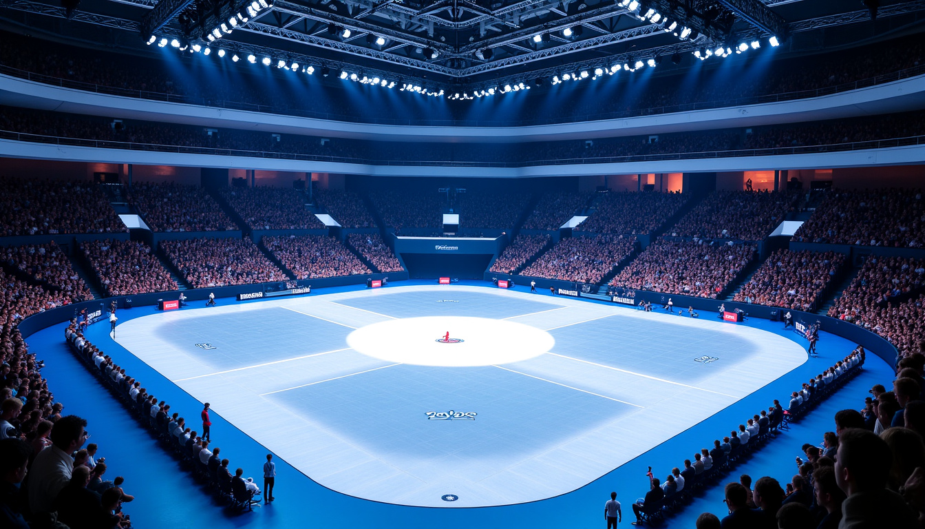 Vue intérieure du Grand Palais transformé en salle d’escrime pour les JO de Paris 2024, avec public enthousiaste et pistes de combat éclairées