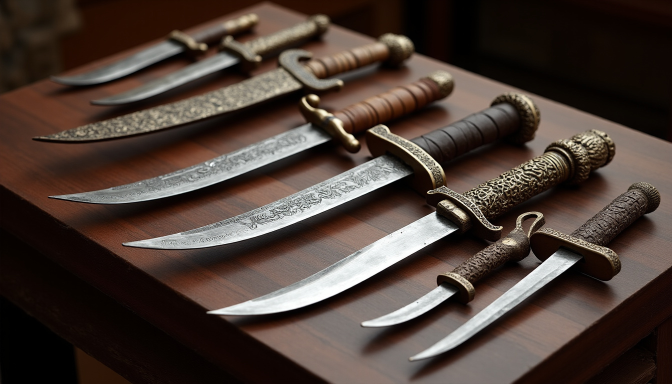 Collection de sabres représentant différentes cultures: cimeterre arabe, yatagan balkanique, flissa algérien, chachka caucasien