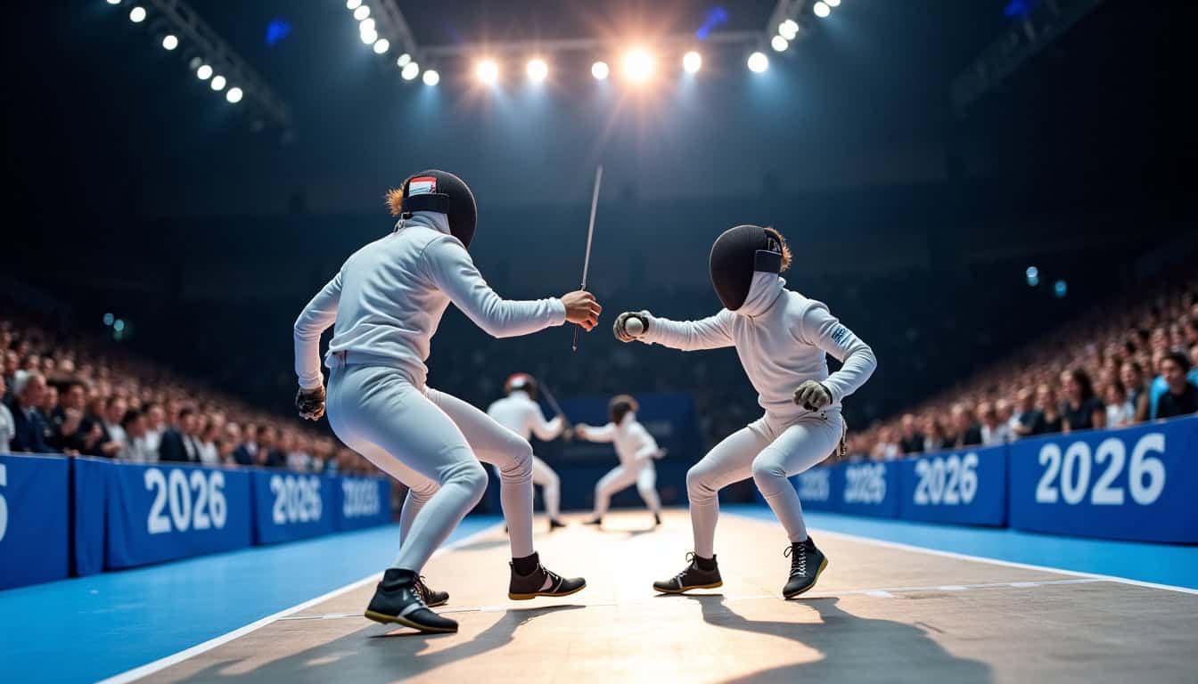 Compétition de championnat d’Europe d’escrime en 2026 avec plusieurs tireurs en action sur une piste