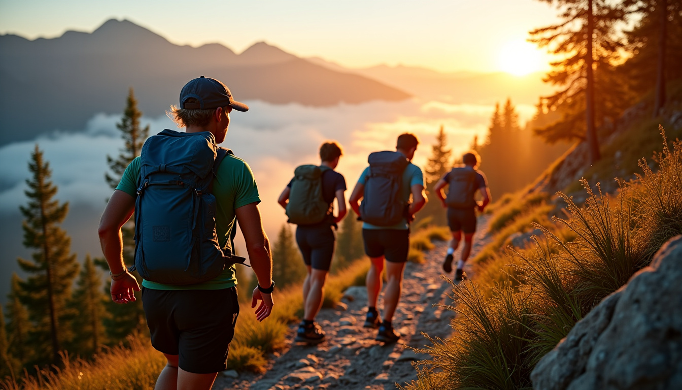 Coureurs en entraînement sur sentier de montagne avec équipement complet pour le Marathon du Mont-Blanc