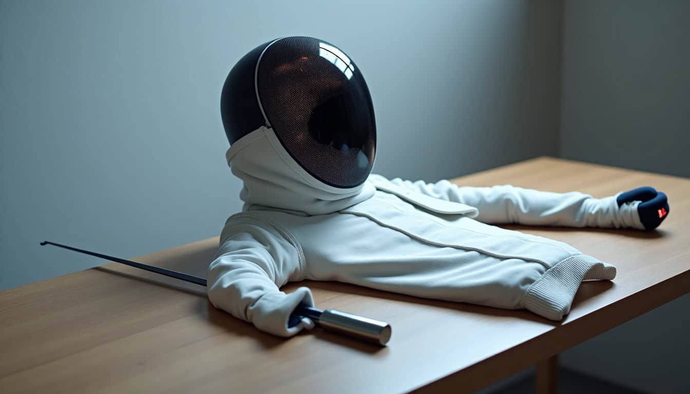 Équipement complet d’un tireur d’escrime en 2026 avec masque, veste, gant et arme posés sur un banc