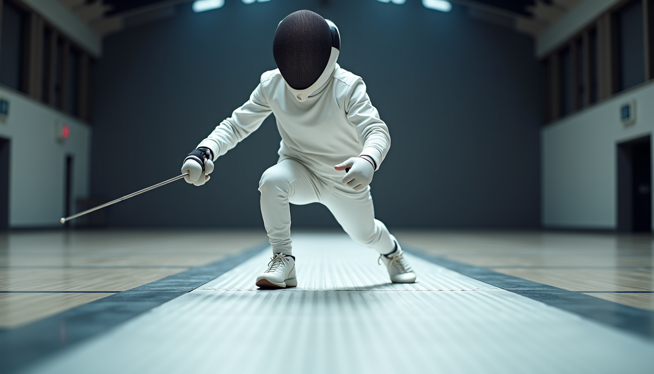 Escrimeur testant des chaussures sur une piste d