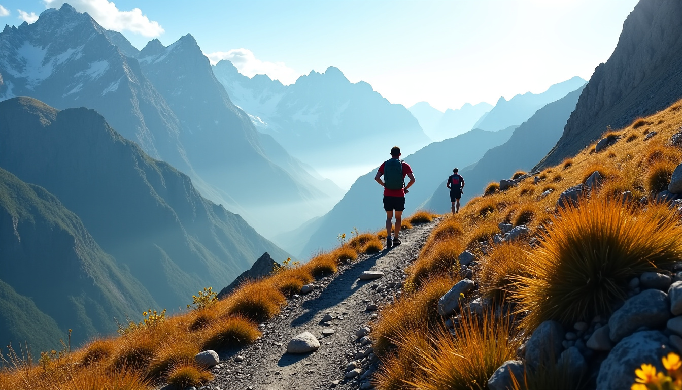 Parcours du trail du Mont-Blanc avec vue sur les sommets alentour et coureurs en action sur sentier escarpé