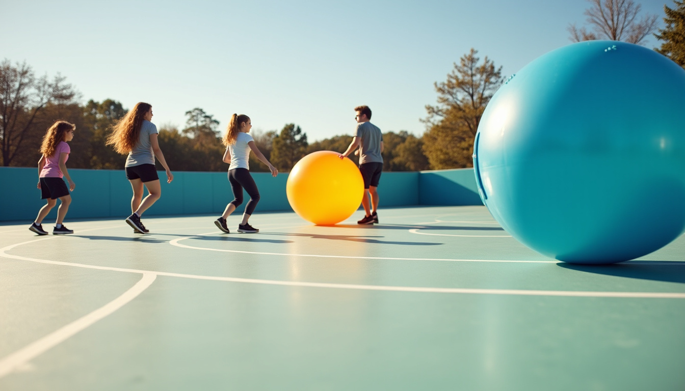 Trois équipes jouant au Kin-Ball sur un terrain de sport, tentant de rattraper un ballon géant de 1,22 m de diamètre