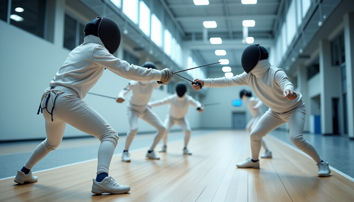 Trois escrimeurs en action: l