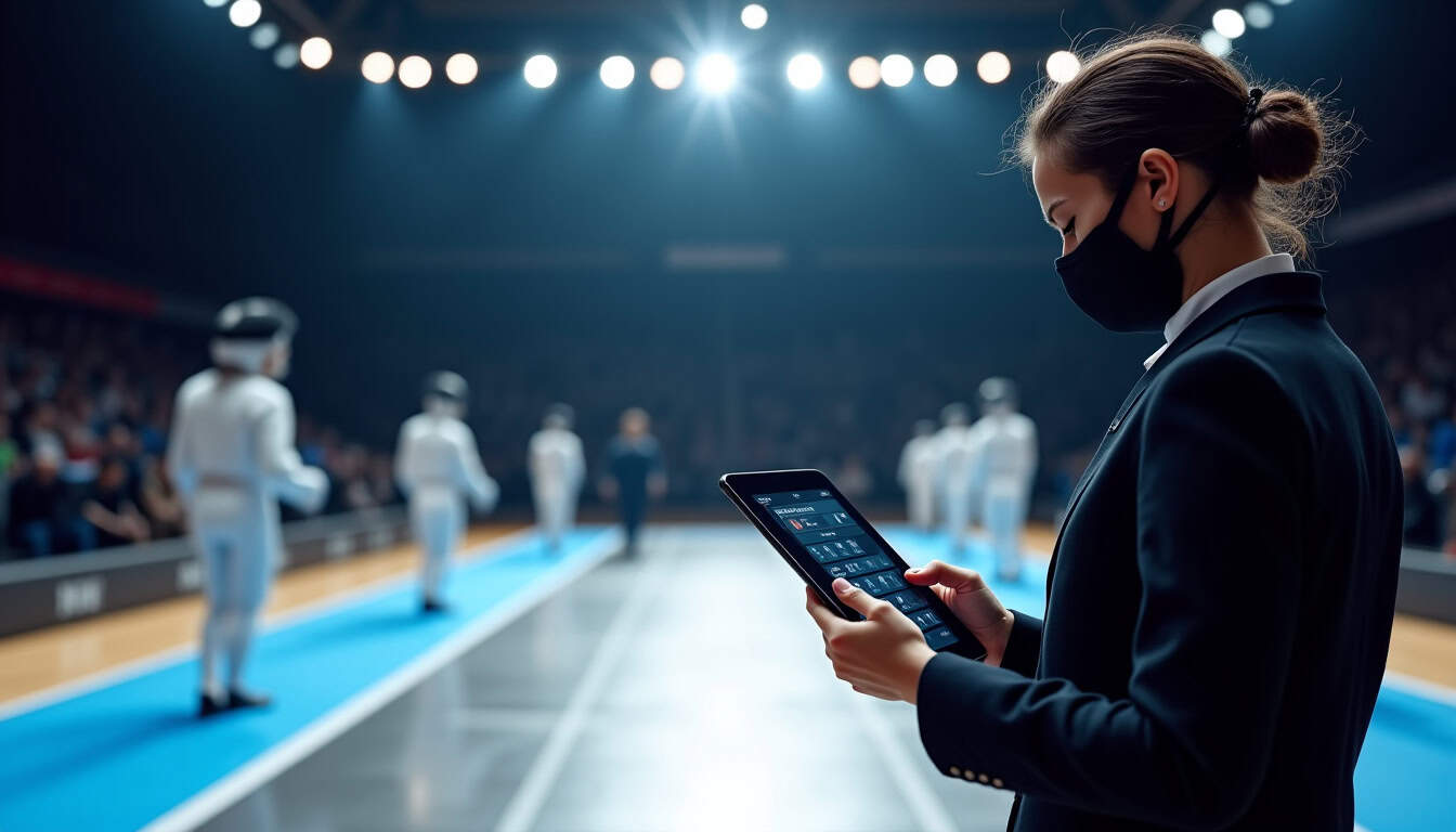 Arbitre utilisant une tablette pour saisir les résultats d’un assaut via Engarde Assistant lors d’un tournoi