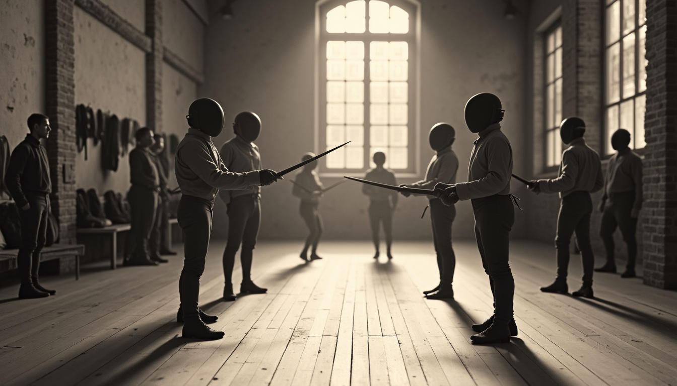 Archives historiques de l’escrime française montrant des photographies anciennes de duels et de salles d’entraînement