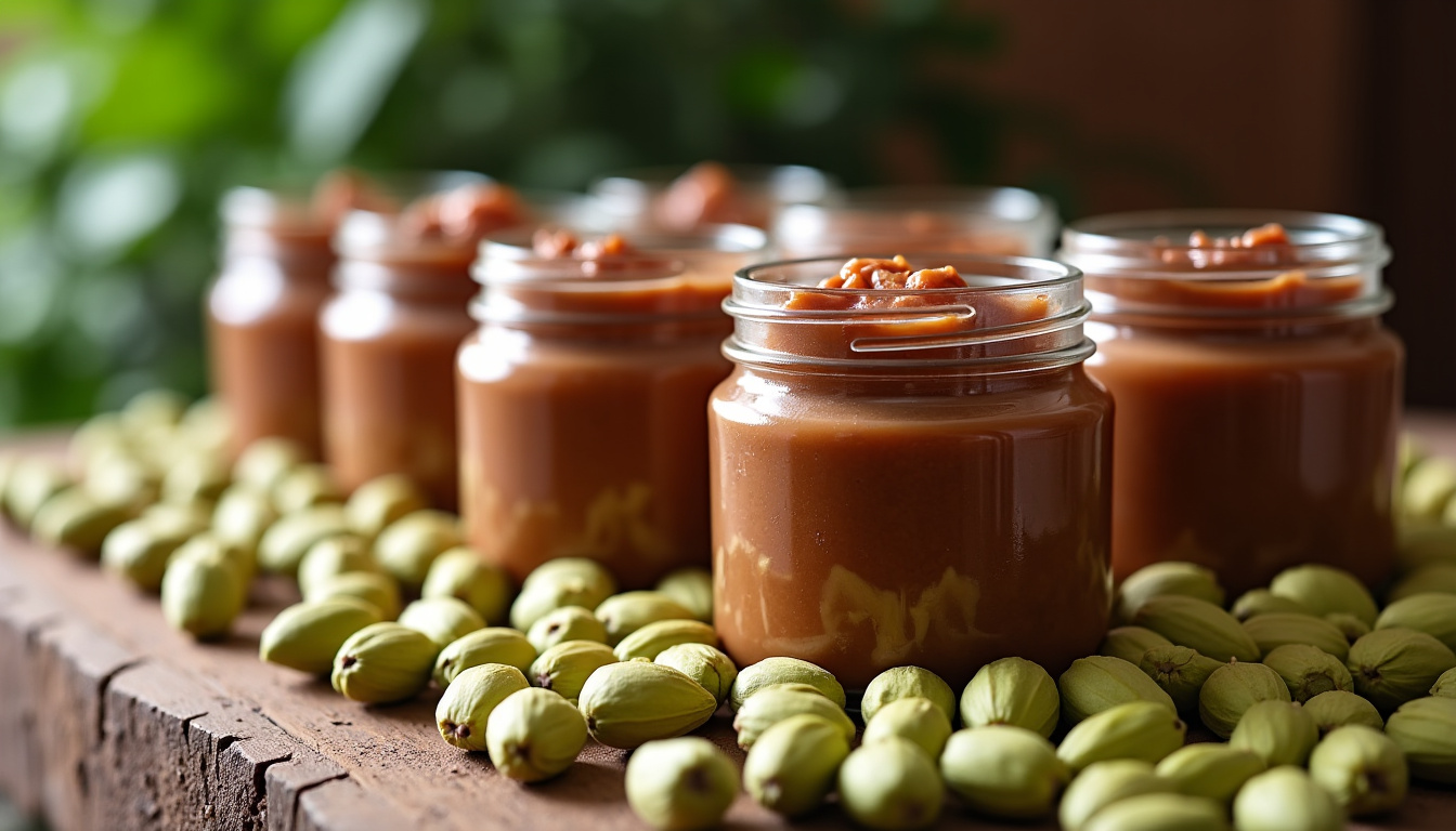Comparaison visuelle de différents pots de pâte à tartiner pistache sur fond de pistaches fraîches