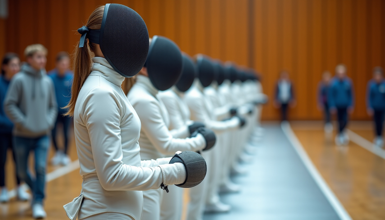 Entraînement collectif de l’équipe de France féminine de sabre, en tenue complète d’escrime