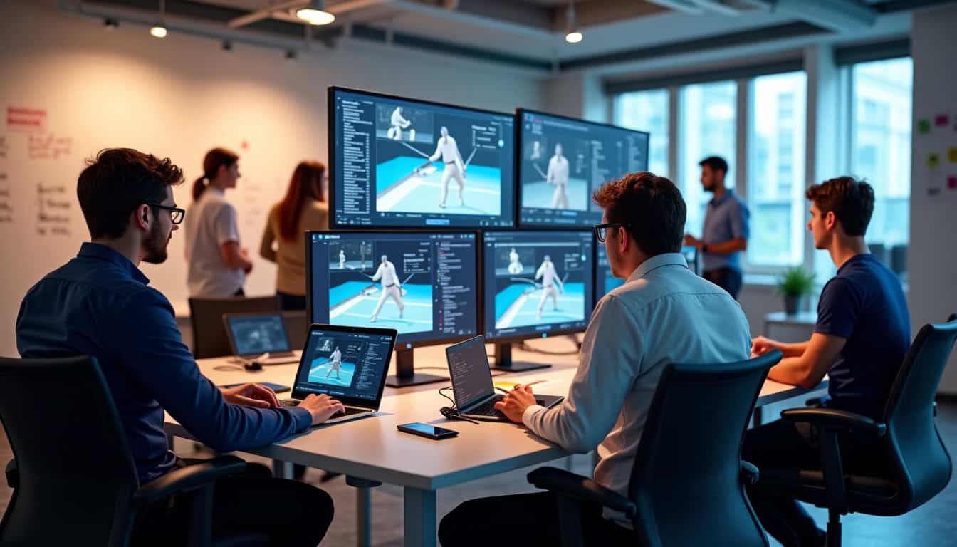 Équipe de développeurs de ST37 travaillant sur des solutions technologiques pour l’escrime, avec écrans affichant des flux vidéo et des interfaces de gestion