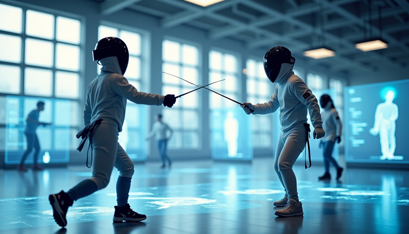 Illustration conceptuelle représentant l’avenir de l’escrime avec des éléments numériques, des jeunes pratiquants et des technologies modernes
