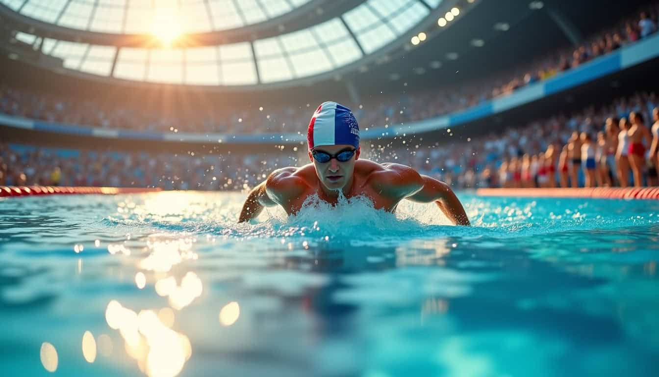 Léon Marchand en action lors de l'épreuve de natation aux Jeux Olympiques de Paris 2024