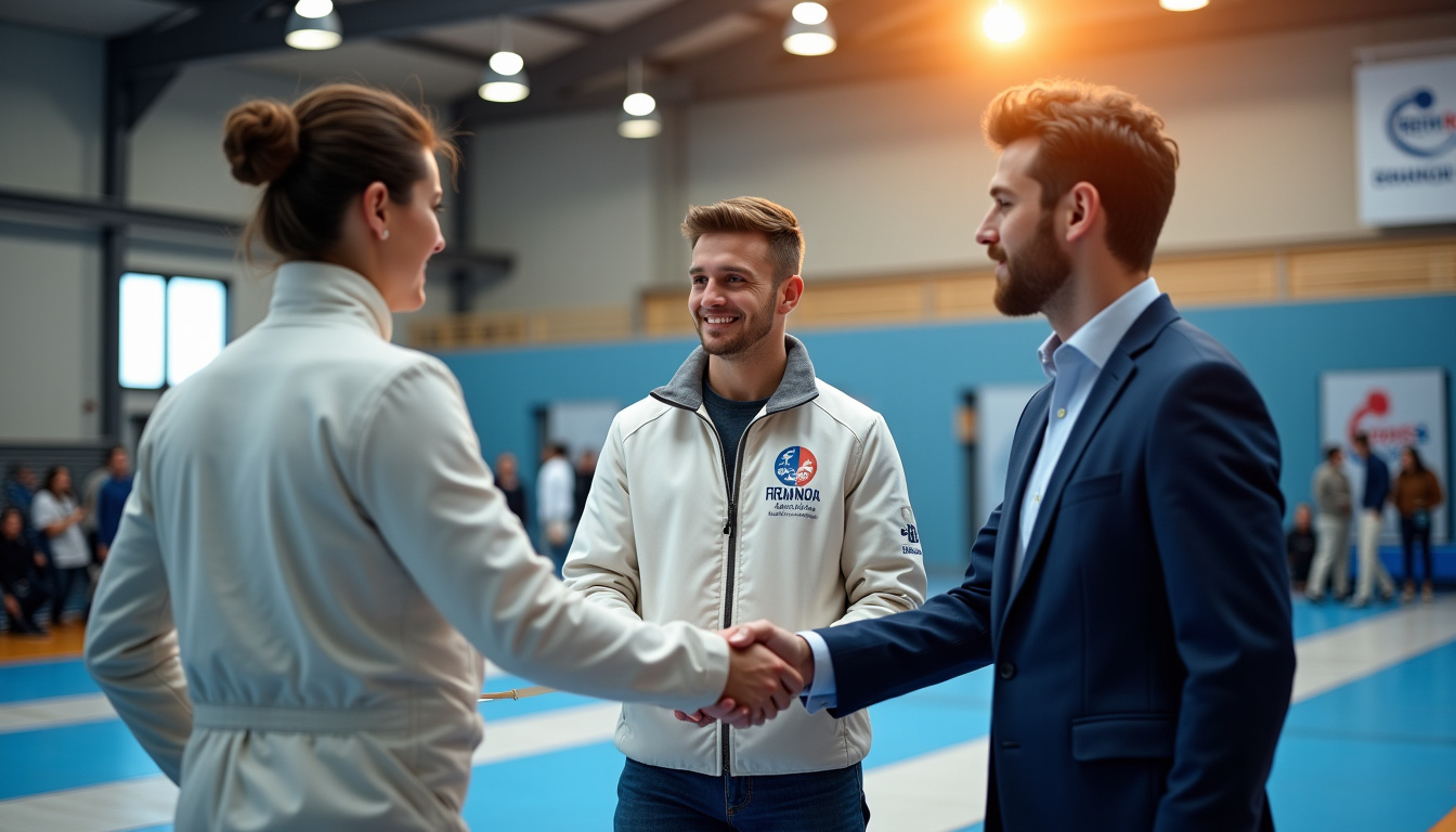Photographie d’un événement de partenariat entre la FFE, un club d’escrime local et une entreprise sponsor