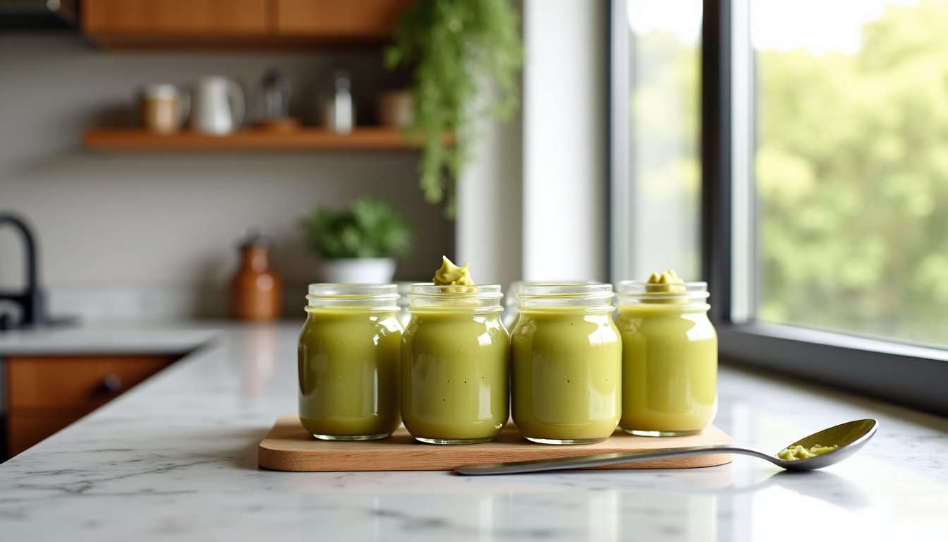 Pots de pâte à tartiner pistache correctement conservés dans une cuisine moderne