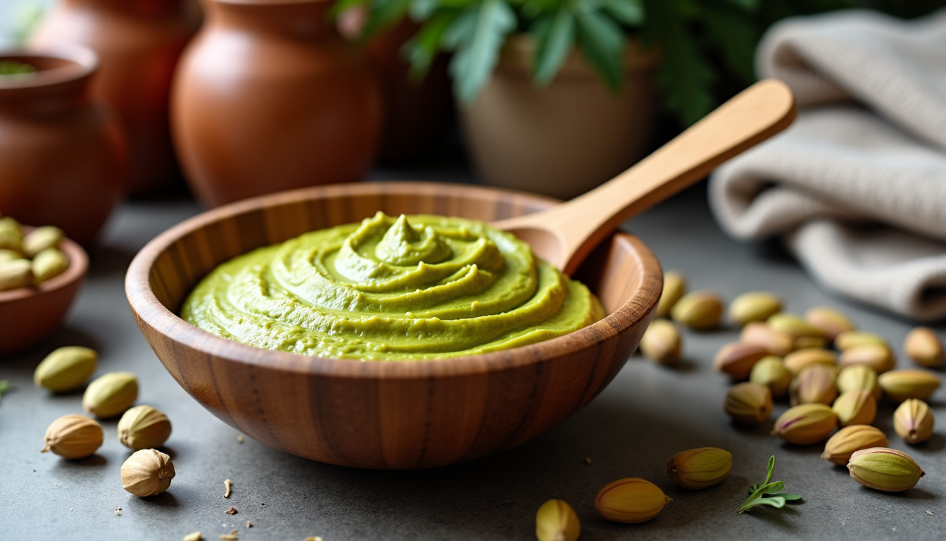 Préparation artisanale de pâte à tartiner à la pistache dans un grand bol en bois