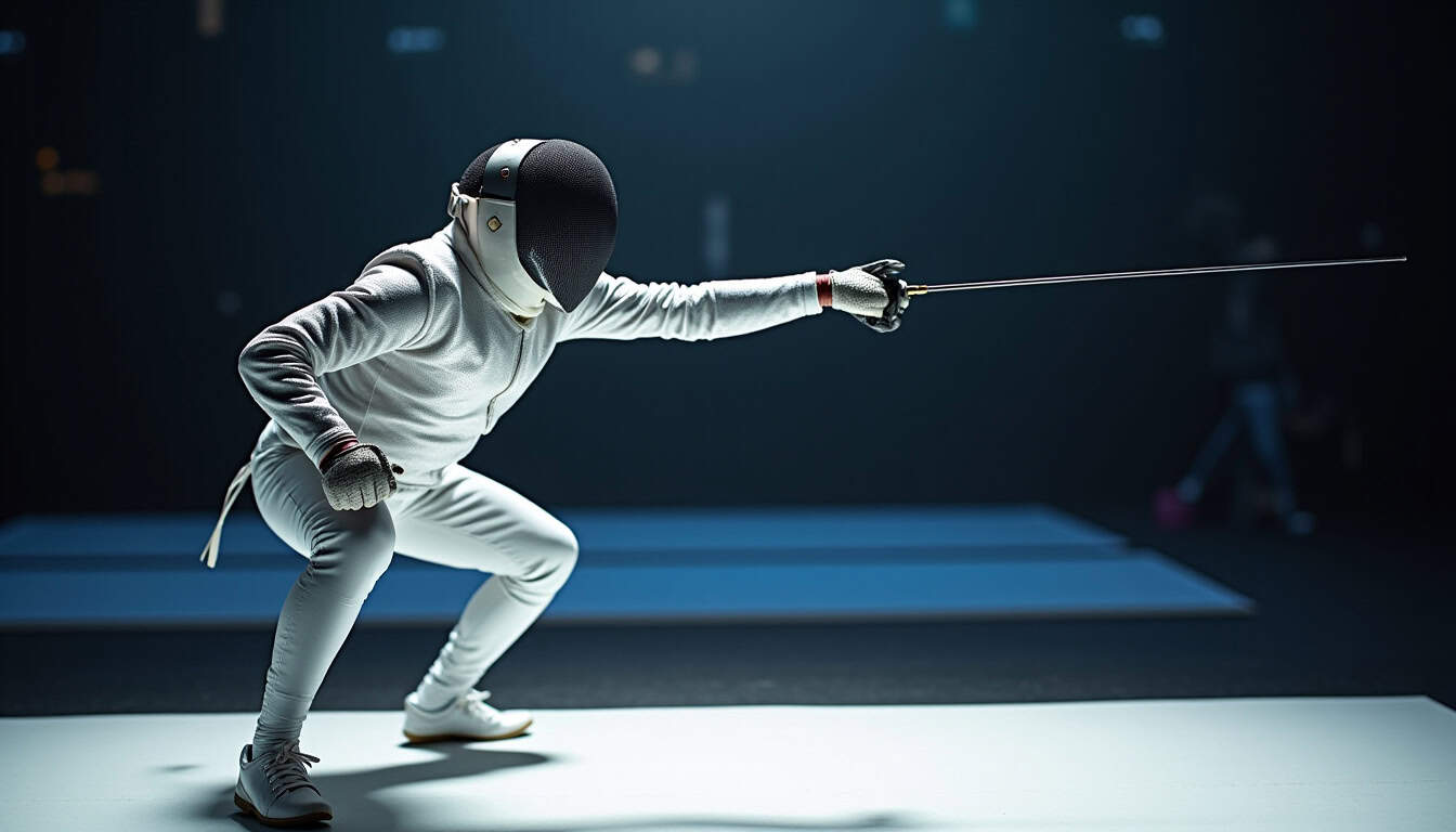 Tireur de sabre en tenue complète de compétition, veste conductrice, masque, manchette et gant