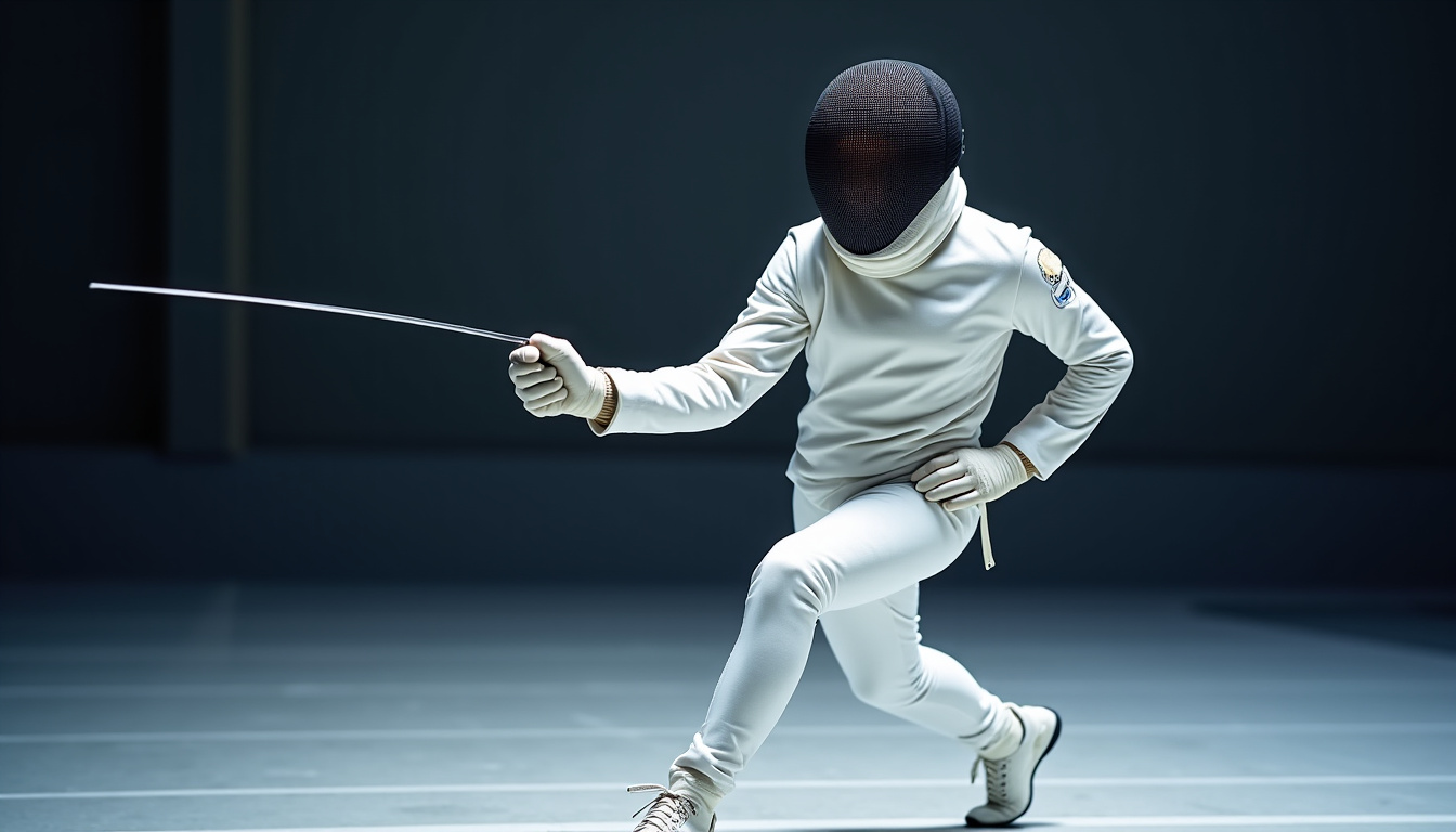 Un escrimeur en tenue complète: masque, veste, pantalon, gant et arme, prêt à combattre sur la piste