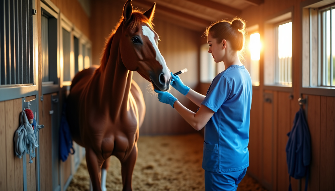 Vétérinaire en train de vacciner un cheval contre la rhinopneumonie en 2026