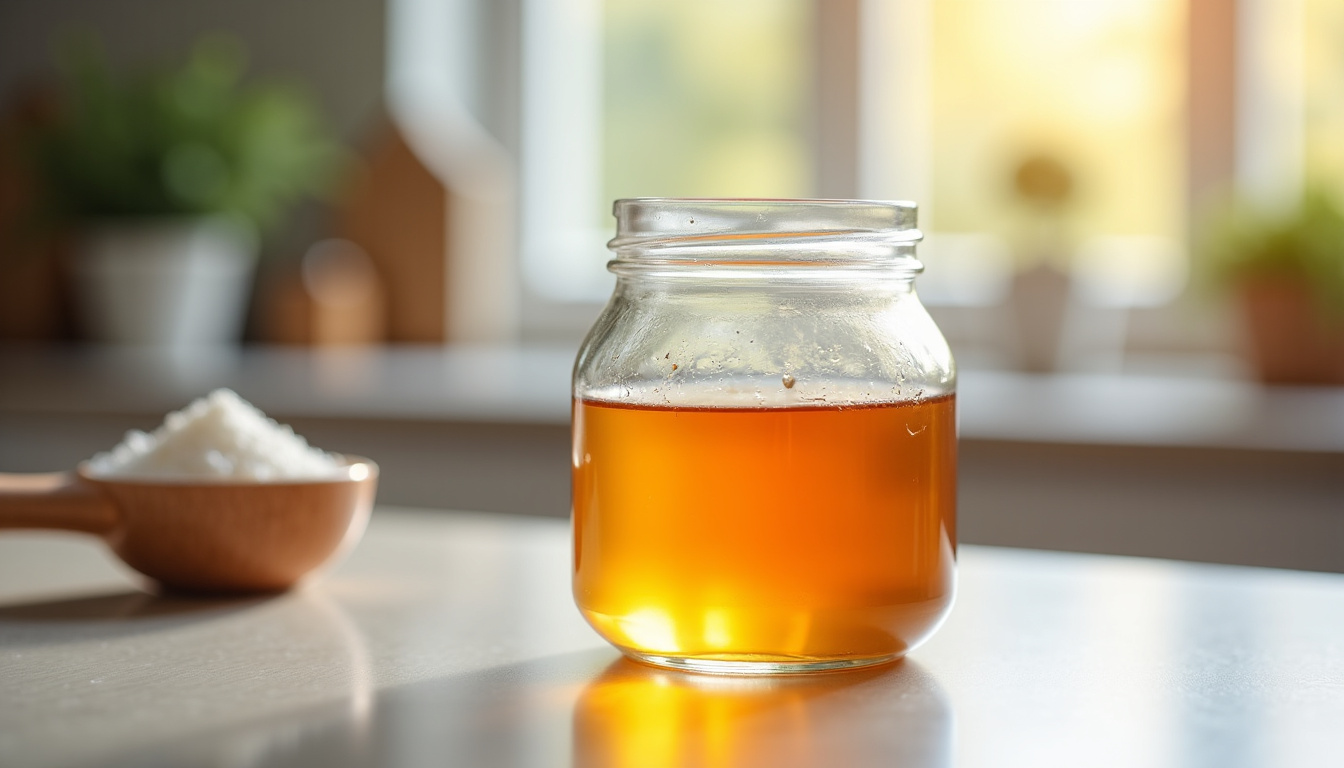 Bocal en verre rempli de sirop de caramel posé sur un plan de travail