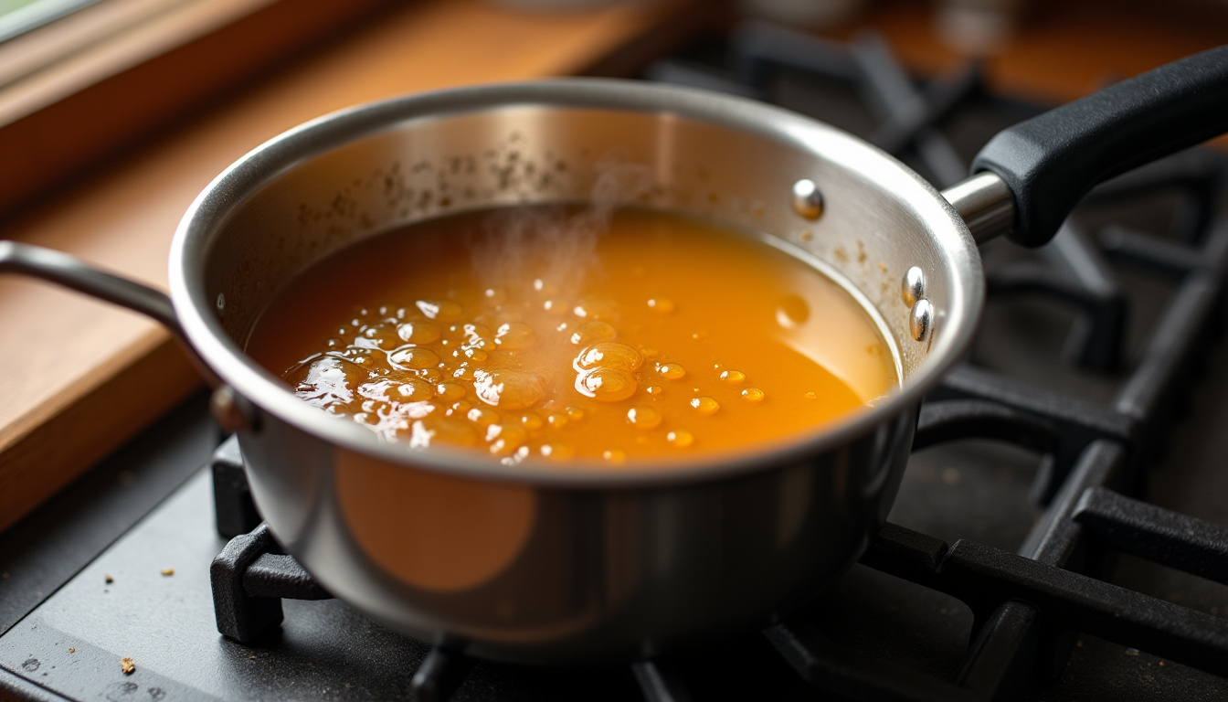 Préparation du sirop de caramel dans une casserole avec sucre et eau